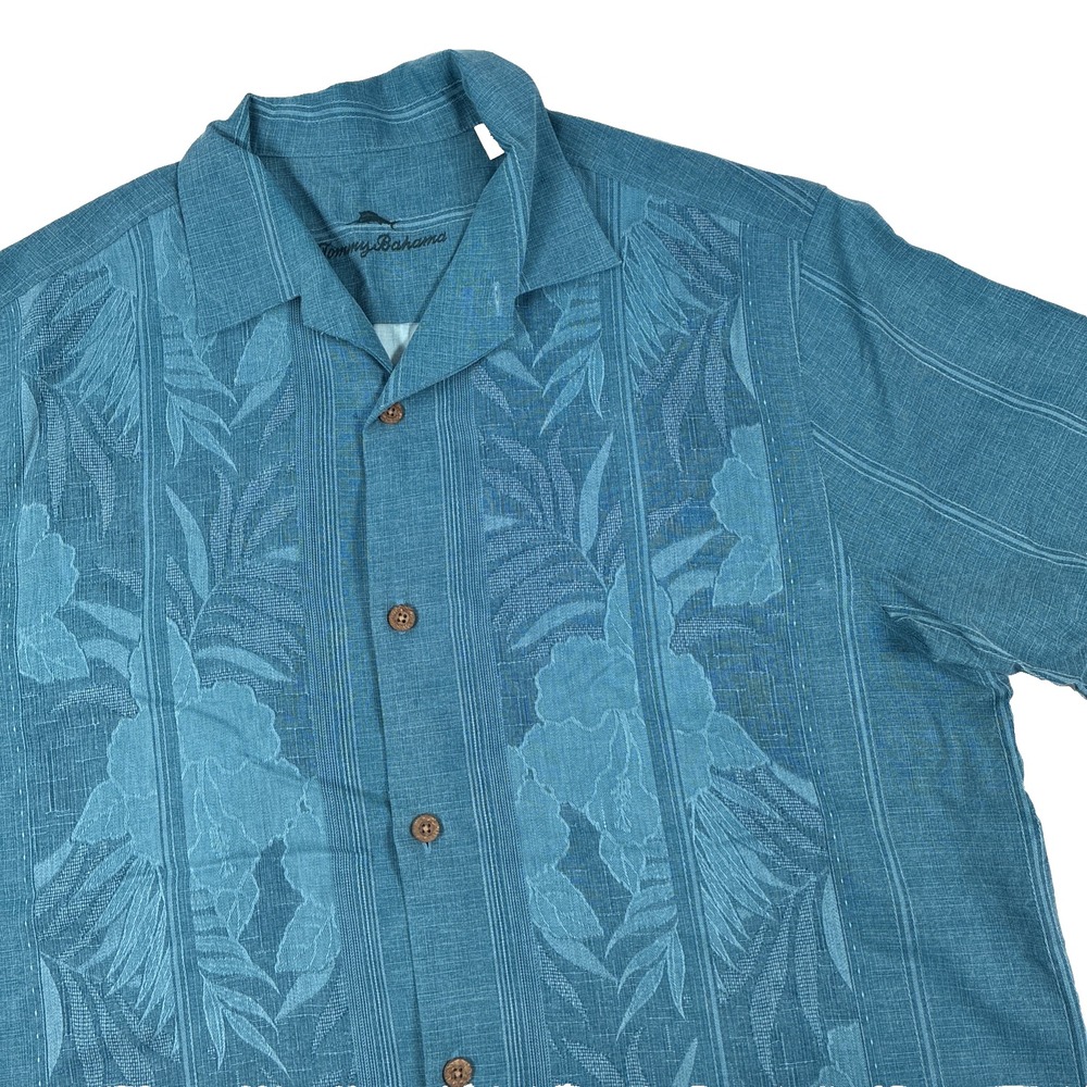 Mens Tommy Bahama Jacquard Floral Print Hawaiian Silk Shirt Size Large Blue